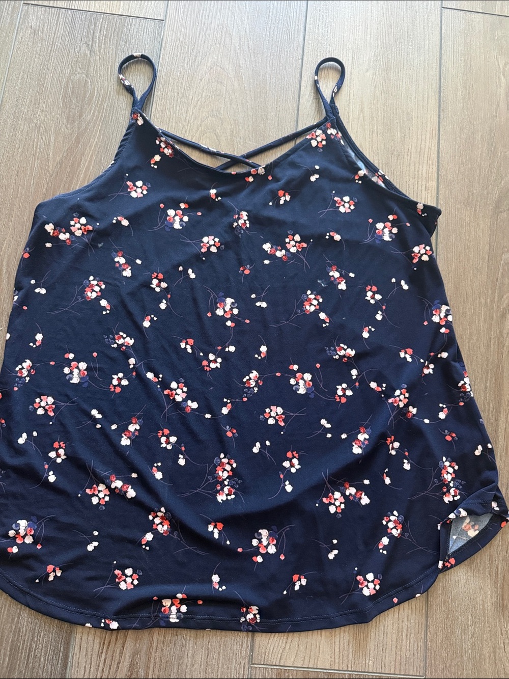 Floral Navy Spaghetti-Strap Cami with Crisscross Neckline